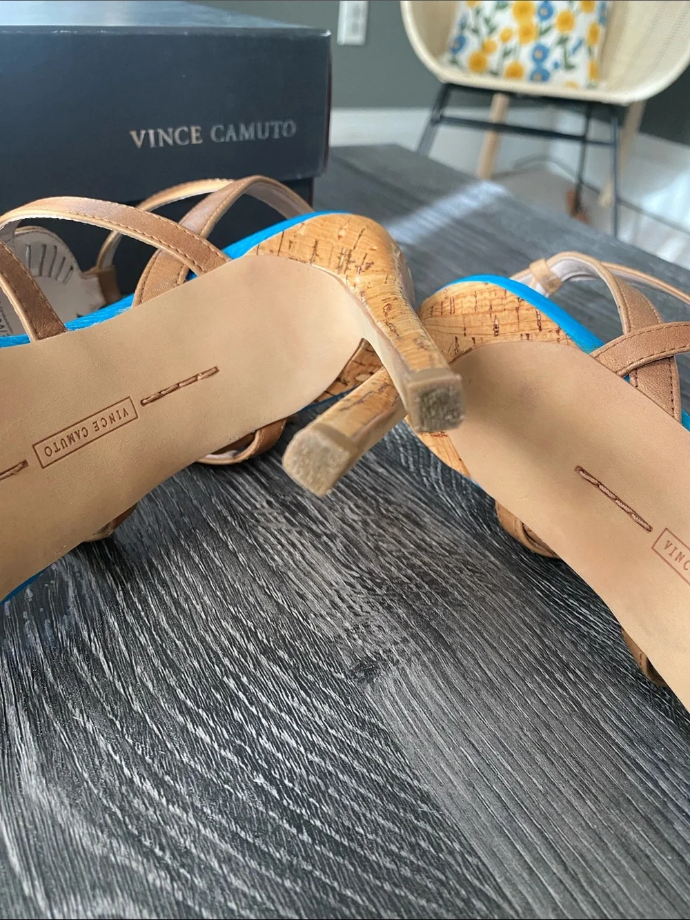 Vince Camuto Brown Leather Jeweled Wedge Sandals with Bright Blue Insole